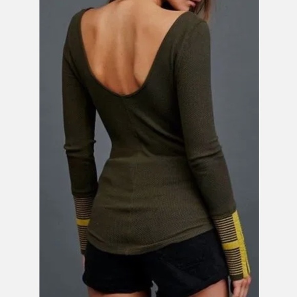 We the Free Green Mod Stripe Waffle Henley Top - Picture 2 of 10